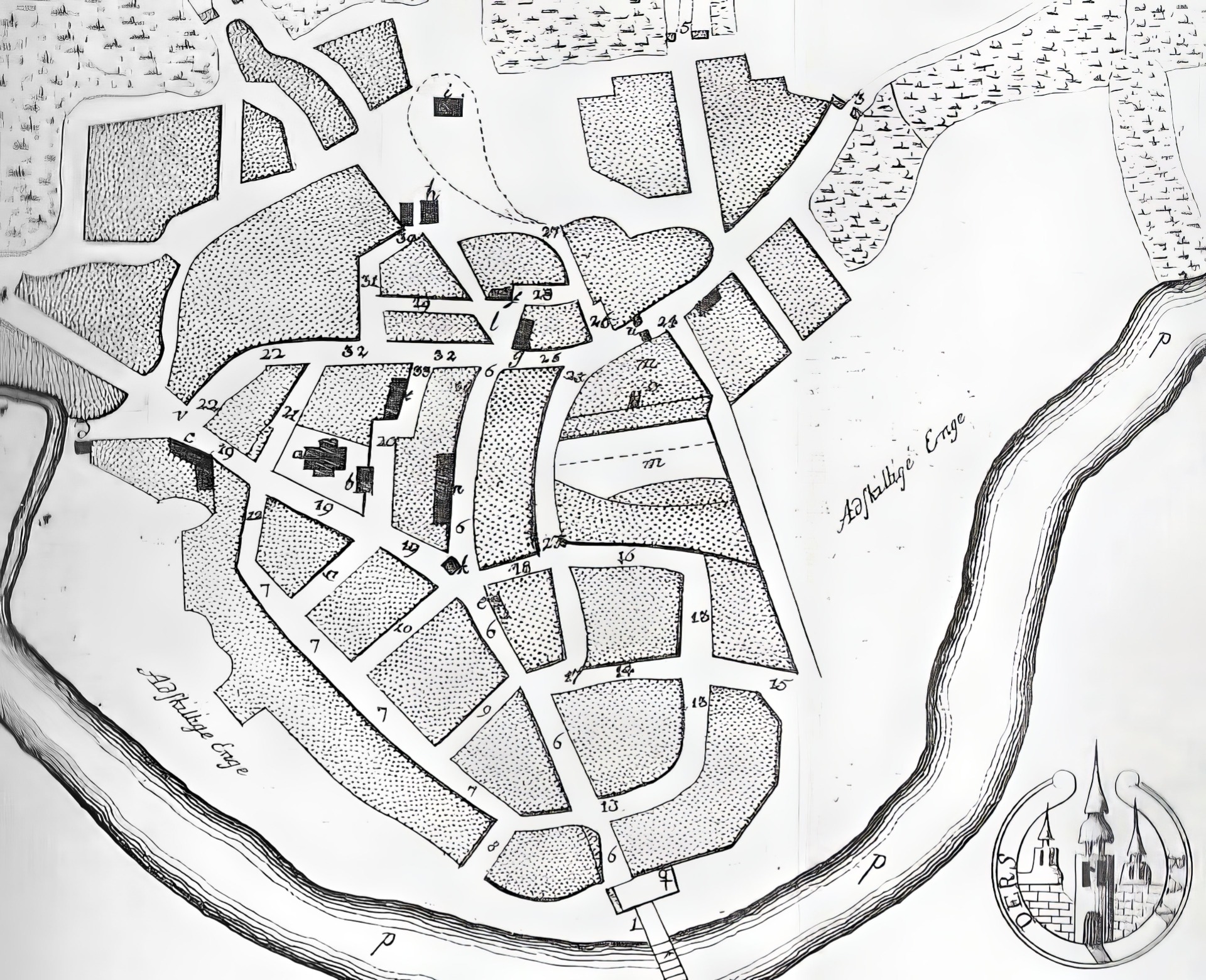Randers på karta i Danske Atlas (1769)
