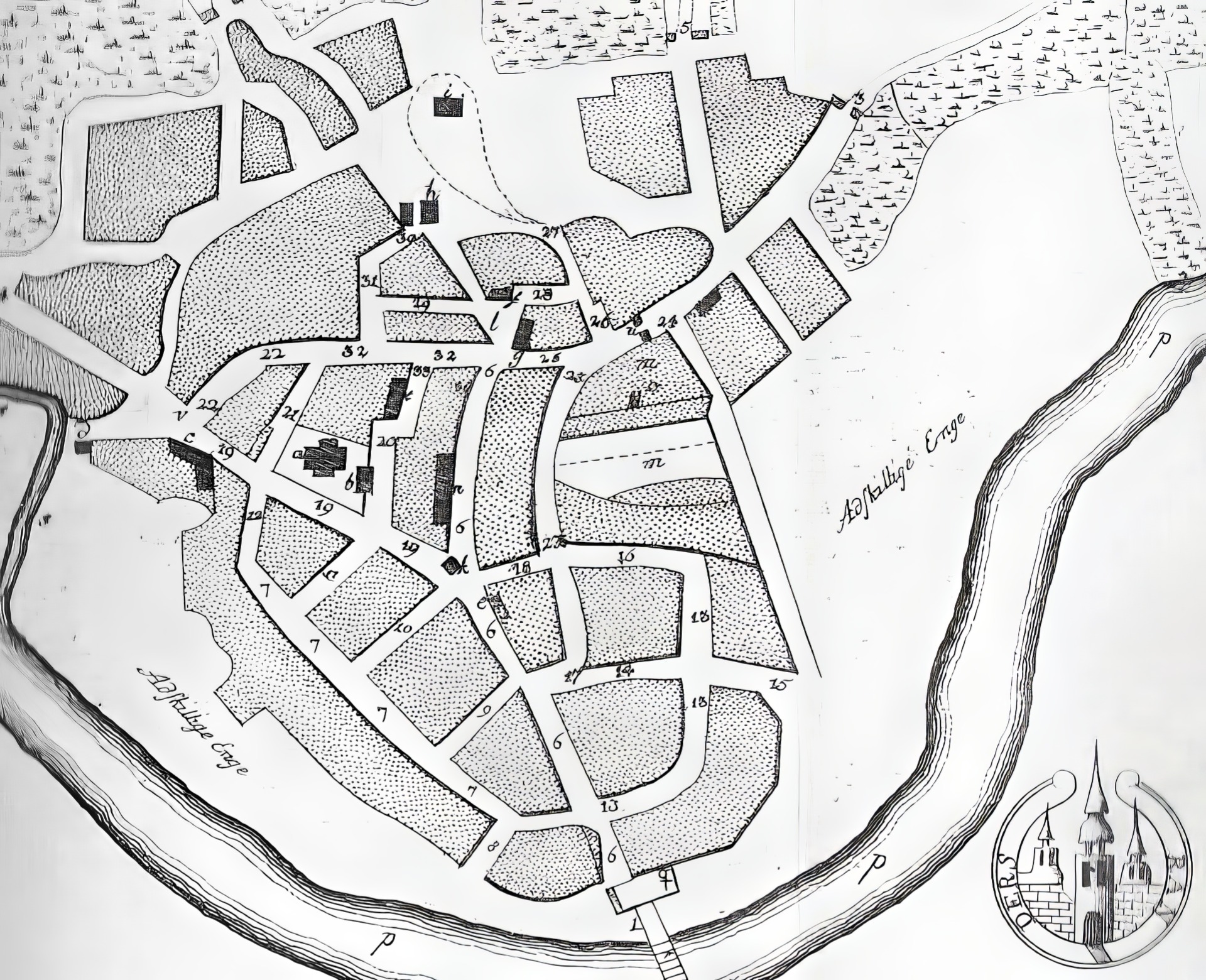 Randers på karta i Danske Atlas (1769)